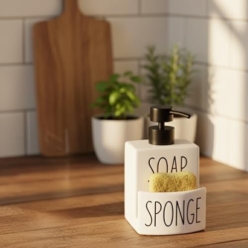 Alternative view of AmberHaus Beyaz Seramik Sıvı Sabunluk ve Süngerlik Seti | 500 ml | Mutfak ve Banyo Tezgahı İçin 2'si 1 Arada | Kaymaz Tabanlı, Şık Bulaşık Sabunu Dispenseri