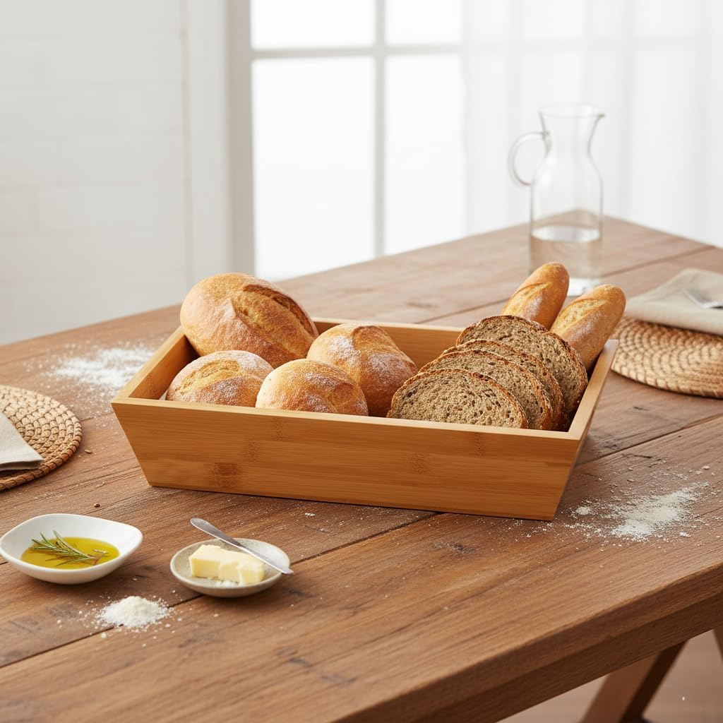 Bambu Ekmek Sepeti ve Sunumluk (33x15x7 cm) | Doğal Ahşap Modern Meyve, Sebze ve Servis Sepeti | Antibakteriyel ve Şık Tezgah Üstü Düzenleyici