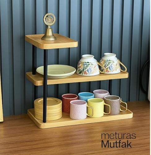 Alternative view of 3 Katlı Bambu Mutfak Rafı, Metal Ayaklı, Doğal Bambu ve Siyah Renk, Modern Tasarım, 32.5x28x15.5 cm, Mutfak Düzenleyici, Tezgah Üstü Depolama Standı
