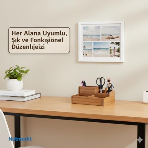 Alternative view of Ahşap Masa Üstü Organizer, Kalem ve Tutucu, Kahverengi Meşe, Ofis Masası Düzenleyici, Çok Bölmeli
