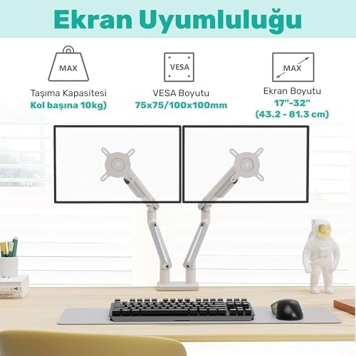 Alternative view of NPO STD49024W Elysium 17"-32" Çift Monitör Kolu, Ultra İnce Alüminyum Amortisörlü Stand, 2x9kg VESA Tutucu, Beyaz