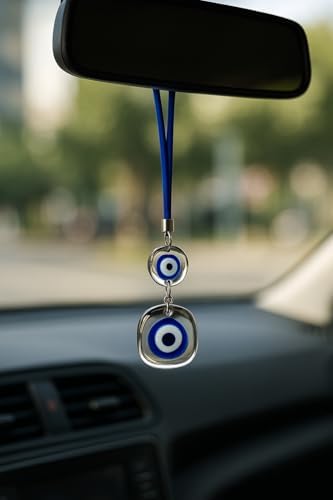 Gerçek Cam Nazar Boncuğu Araba Dikiz Aynası Süsü – Çift Cam Mavi Boncuklu, El Yapımı Premium Araç Aksesuarı, Şans & Koruma Sembolü, Evil Eye Car Rearview Mirror Charm