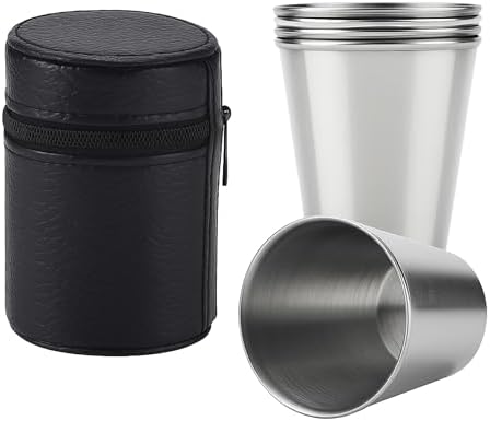 4'lü Paslanmaz Çelik Shot Kahve Kamp Bardağı Seti 70 ml Deri Kılıflı Mini Bardak Seti