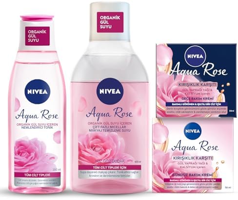 Aqua Rose Gül Suyu İçeren Çeyiz Seti, Makyaj Temizleme Suyu 400ml, Tonik 200ml, Gündüz ve Gece Kremi