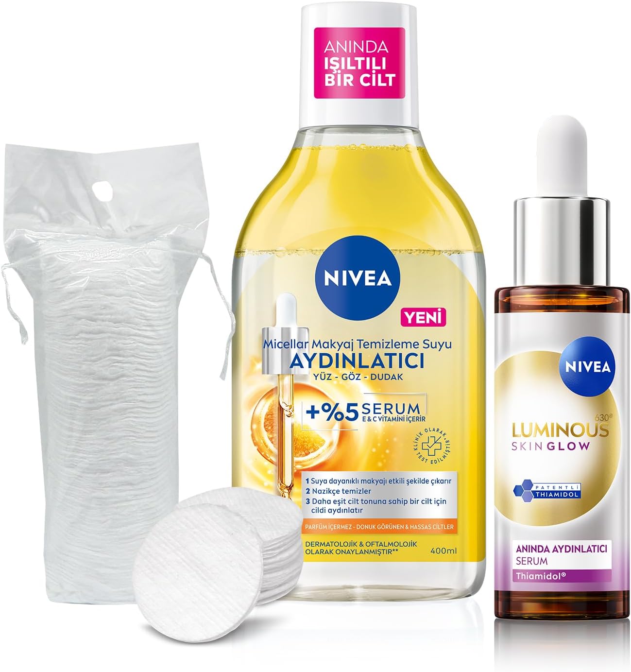 Aydınlatıcı Bakım Seti, Makyaj Temizleme Suyu 400ml ve Luminous630 Skin Glow Serum 30ml,Pamuk Hediye