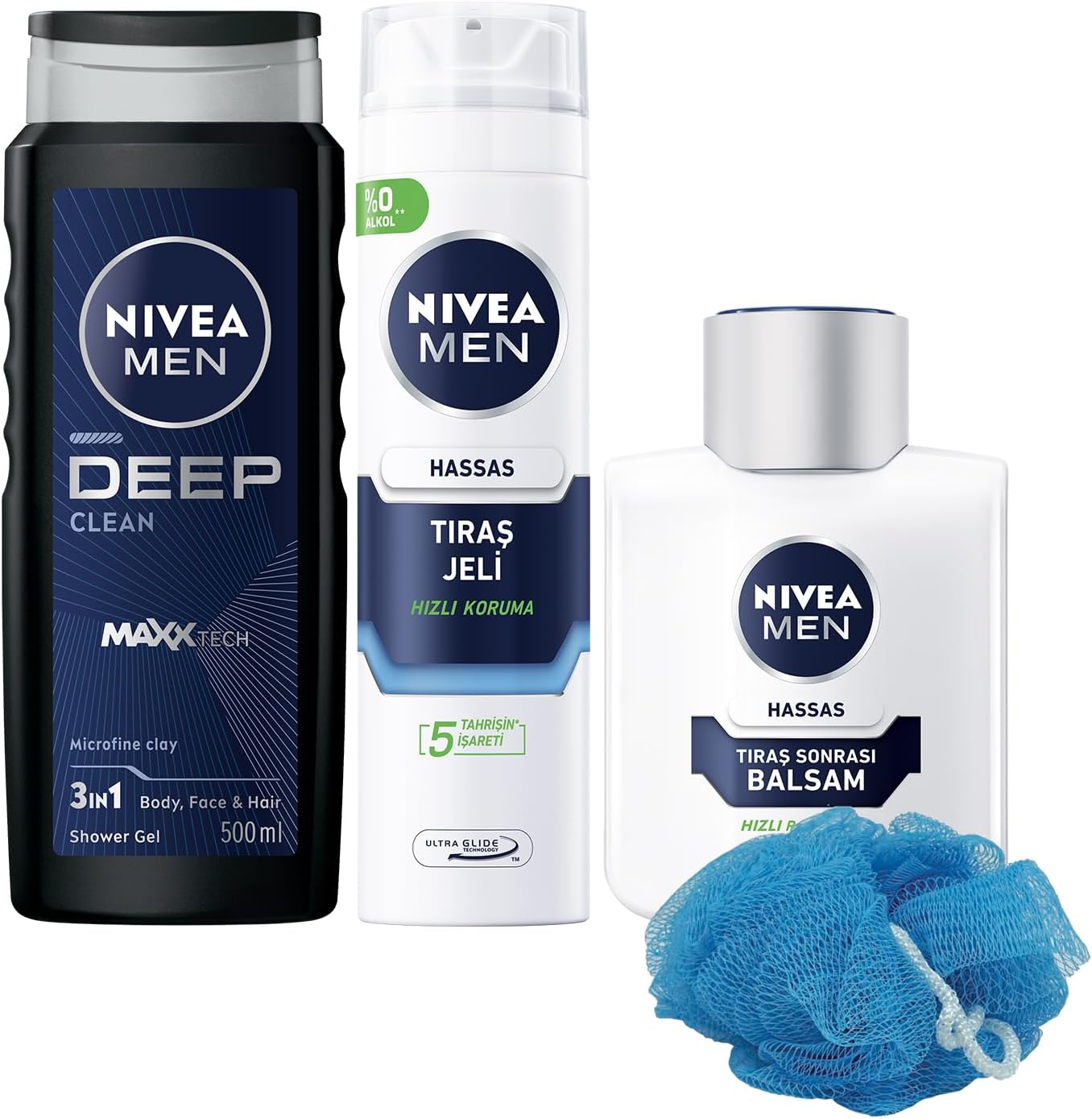 MEN Erkek Deep Dimension Duş Jeli 500ml, Hassas Tıraş Jeli ve Tıraş Sonrası Balsam 100ml, Lif Hediye