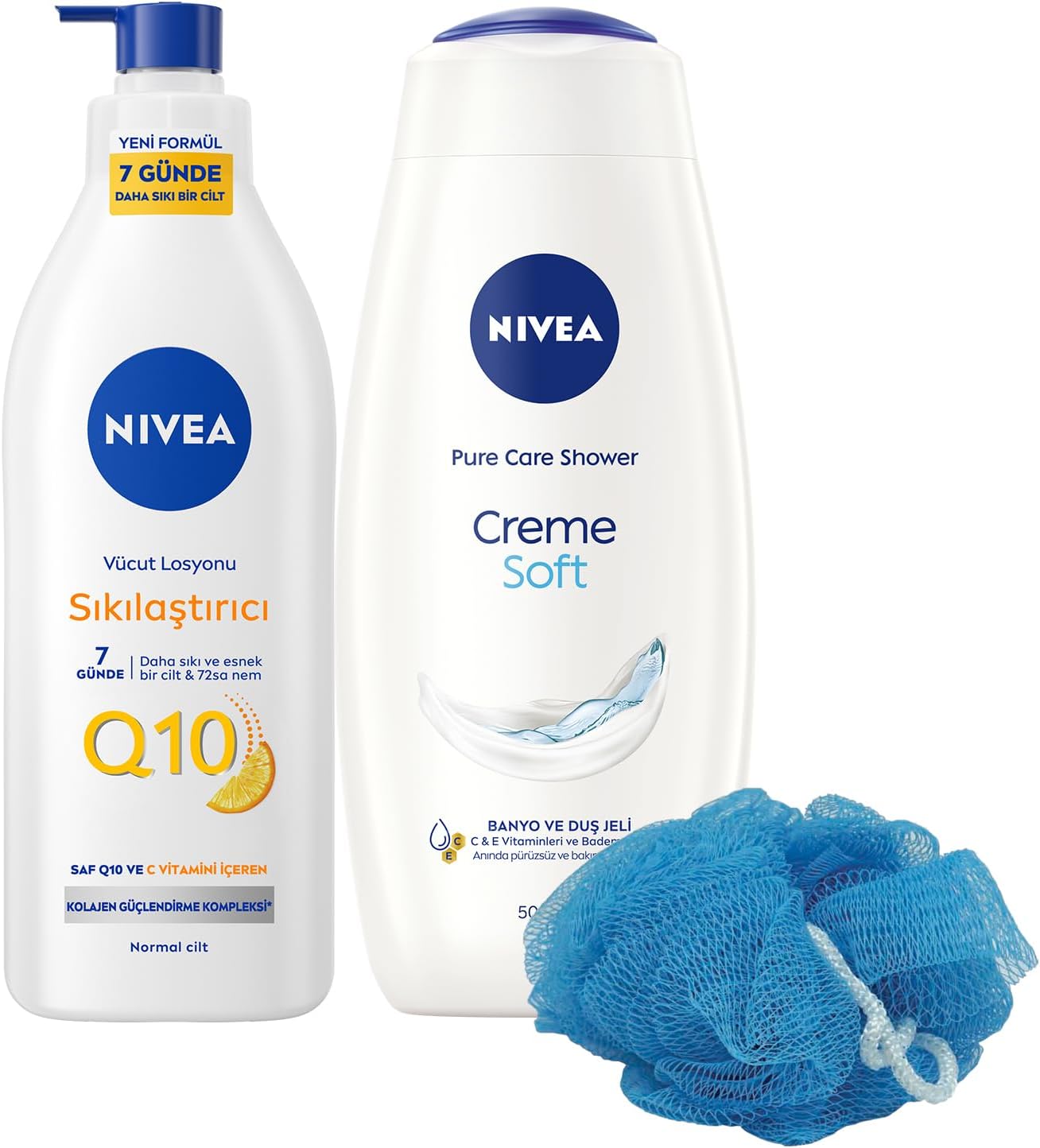 Q10 Sıkılaştırıcı Vücut Losyonu 400ml ve Creme Soft Kremsi Dokunuş Duş Jeli 500ml, Banyo Lifi Hediye