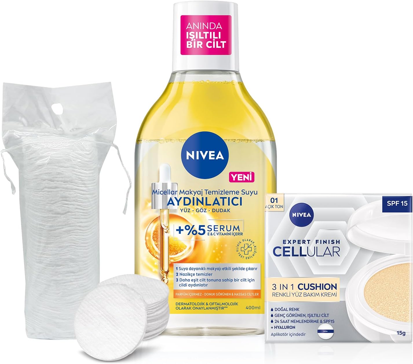 Alternative view of Micellar Makyaj Temizleme Suyu 400ml ve Cellular Expert Cushion Yüz Güneş Krem,Açık Ton,Pamuk Hediye