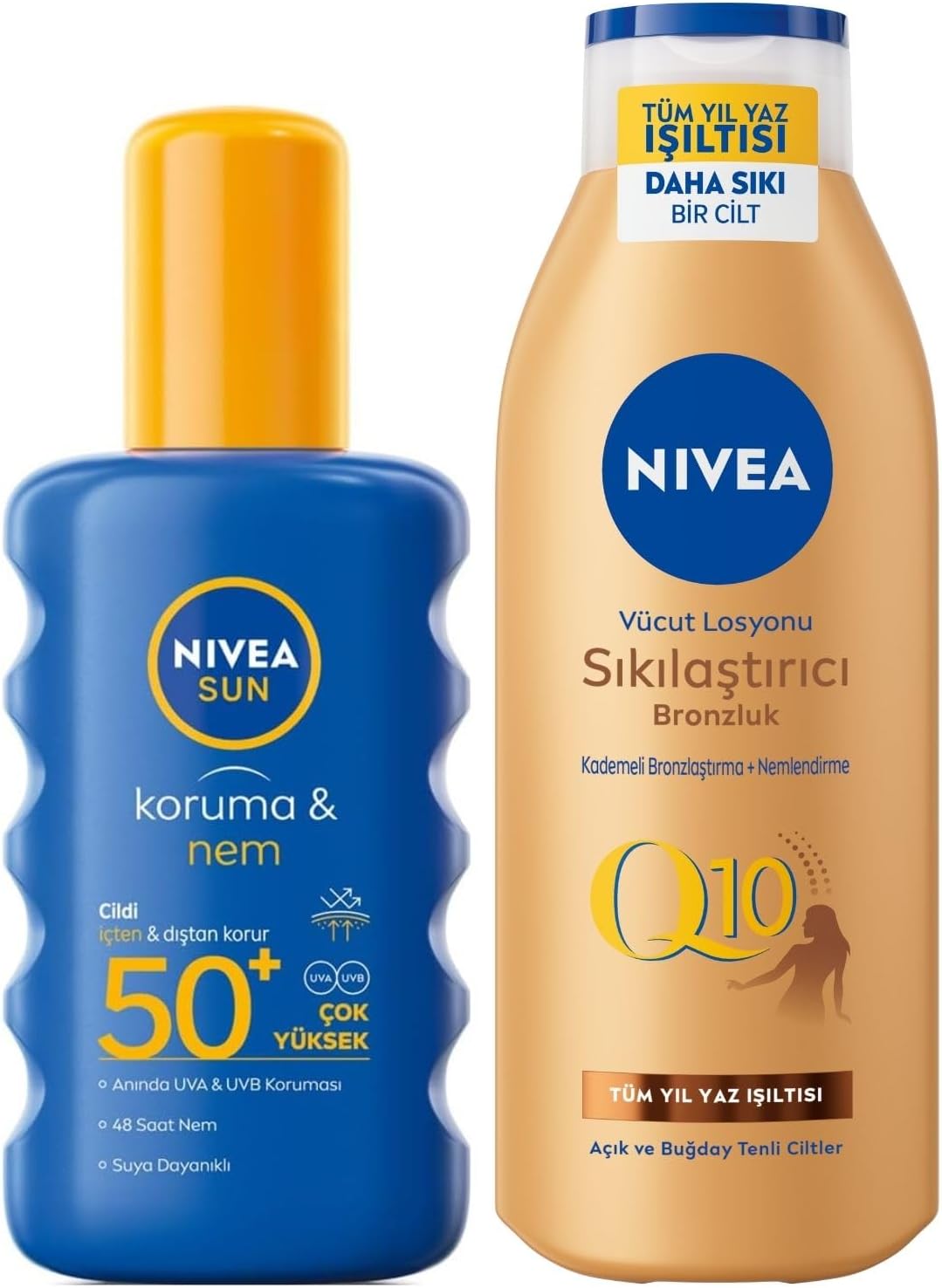 SUN SPF50 Güneş Koruyucu Vücut Spreyi 200ml ve Q10 Sıkılaştırıcı Bronzlaştırıcı Vücut Losyonu 250ml