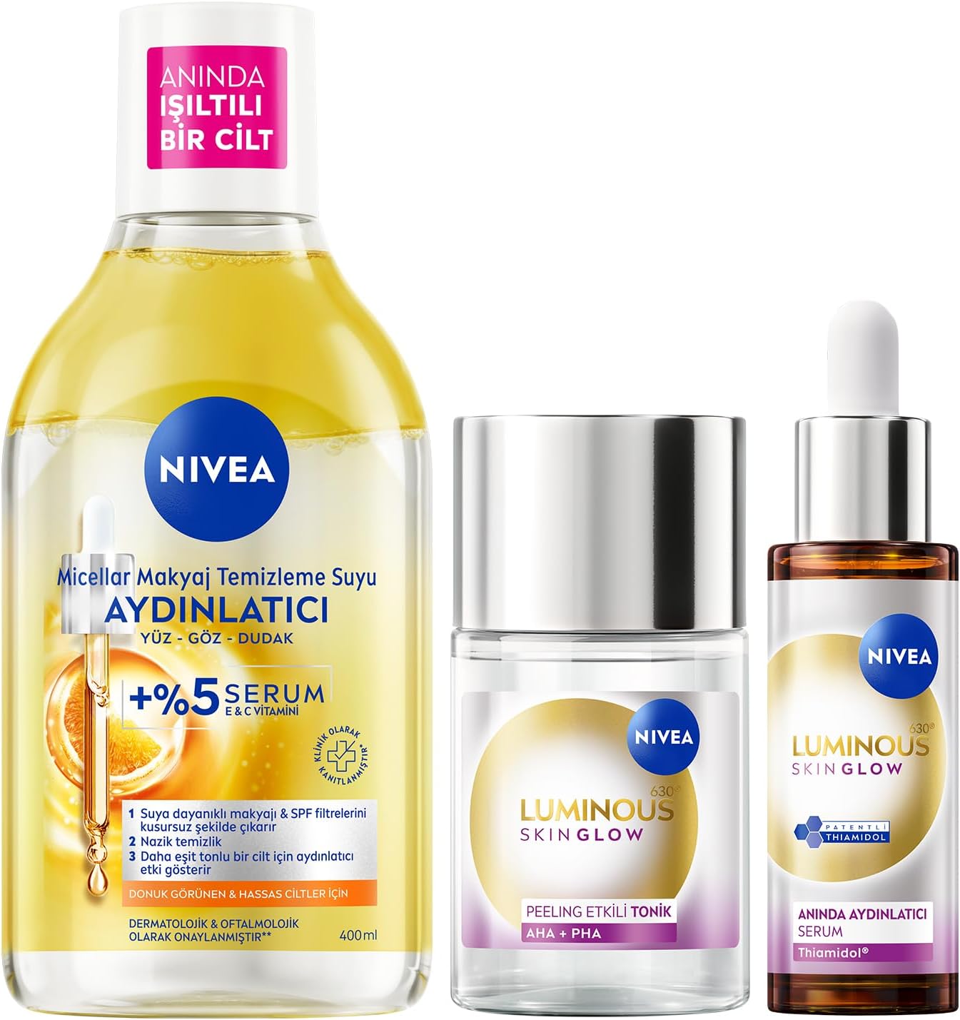 Aydınlatıcı Cilt Bakım Seti, Nemlendirici Serum, Tonik, Micellar Makyaj Temizleme Suyu, C Vitamini,