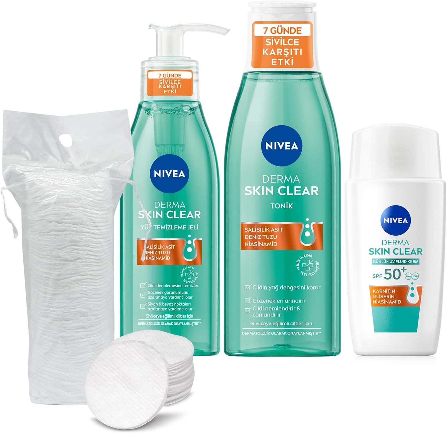 SPF50 Derma Skin Clear Karşıtı Güneş Koruyucu Krem 40ml, Yüz Temizleme Jeli ve Tonik, Pamuk