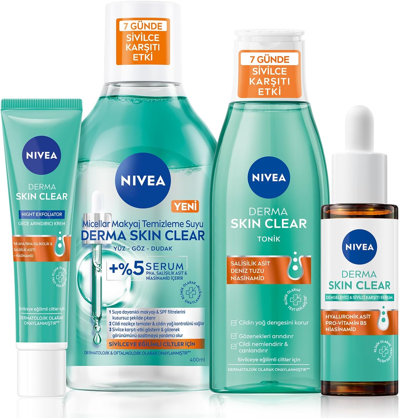 Derma Skin Clear Karşıtı Serum 30ml, Makyaj Temizleme Suyu 400ml, Tonik 200ml ve Gece Kremi