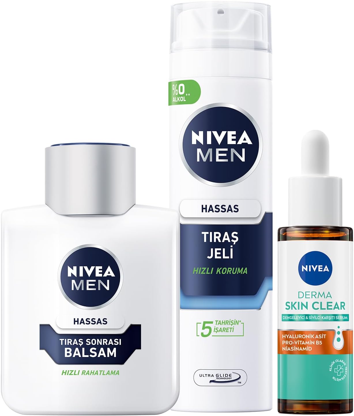 MEN Erkek Tıraş Sonrası Balsam 100ml,Derma Skin Clear Karşıtı Serum 30ml ve Tıraş Jeli 200ml