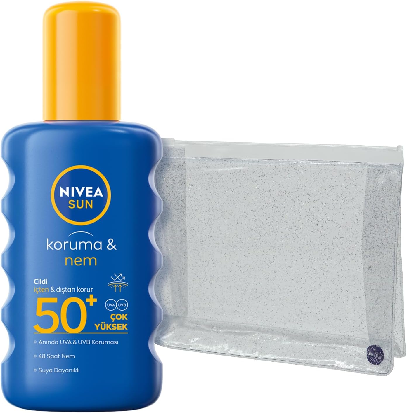 SUN SPF50 Yüksek Güneş Koruyucu ve Nemlendirici Vücut Spreyi 200ml, Suya Dayanıklı, Çanta Hediyeli