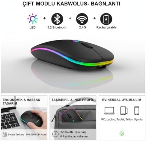 Alternative view of Kablosuz Mouse, Çift Modlu (Bluetooth 5.0 + 2.4Ghz USB) Şarj Edilebilir RGB Işıklı Sessiz Mouse, PC, Laptop,, Tablet, iPad, Telefon Uyumlu (BGMS, Siyah)