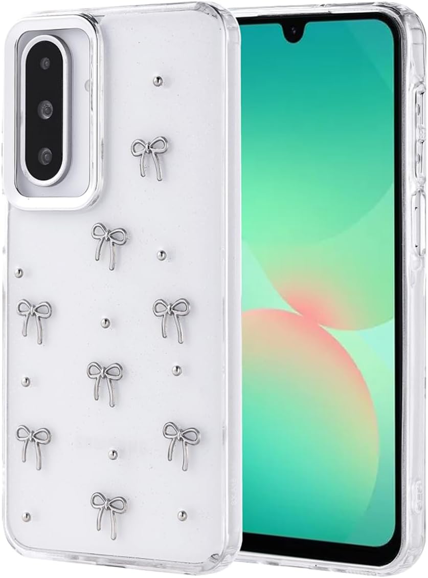 - Galaxy A17 ile uyumlu Kılıf Fiyonk Desenli Şeffaf Simli Darbeye Karşı Dayanıklı Papyon Işıltılı Kapak
