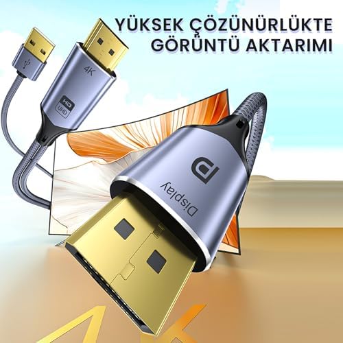 HDMI to Displayport DP 4K 60Hz USB Görüntü Aktarma Kablosu 2 Metre