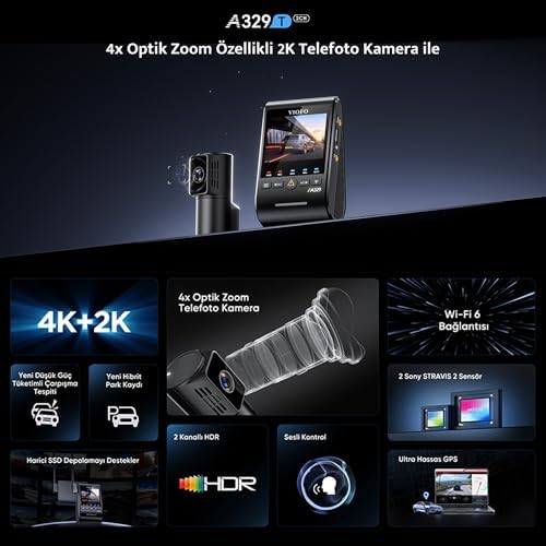 A329T 2 Kameralı Ön+Arka 4K 60FPS+2K Wi-Fi 6 HDR STARVIS 2 Sensör GPS'li SSD Destekli Araç Kamerası