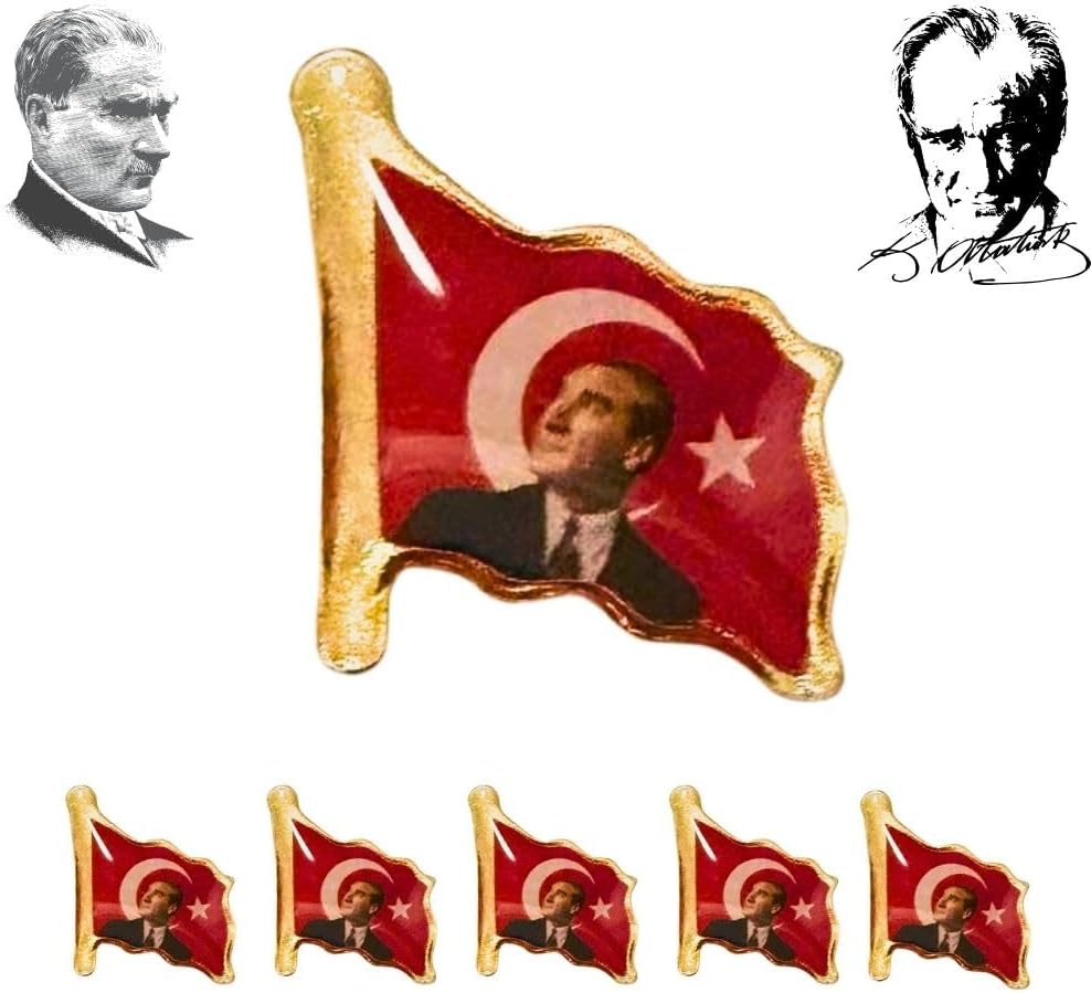 Esmay Türk Bayrağı Atatürk Yaka Rozeti Metal Rozet Klipsli 5 Adet Dalgalanan Türk Bayrağı Atatürk Rozeti