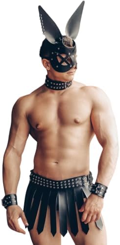 Sınırsızmarket Uniseks Deri Roma Gladyatör Etek Seti, Siyah, Dekorlu Tavşan Maske, Gotik Savaşçı Cosplay Festival Kostümü, Yetişkin, Ayarlanabilir Boyut