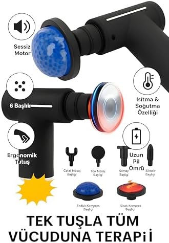 SMAYLING & Soğuk Terapili Masaj Tabancası, Derin Doku Masajı, 6 Başlıklı, Sessiz Motor, Şarjlı & Taşınabilir, Boyun–Sırt–Bel İçin Isıtmalı Masaj Cihazı
