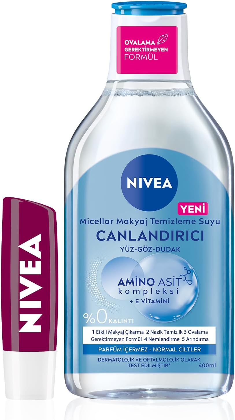 Böğürtlen Dudak Bakım Kremi 4.8 gr, 24 Saat Nemlendirme,Böğürtlen Kokusu,Işıltılı Renk,Mineral Yağı İçermez + 5in1 Canlandırıcı Micellar Makyaj Temizleme Suyu Normal Ciltler, 400 ml