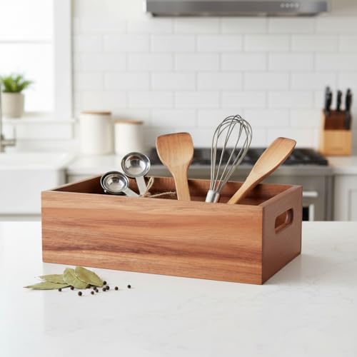 Alternative view of Akasya Ağacı Ekmeklik & Çok Amaçlı Organizer Kutu – 25x14x8 cm El Yapımı Doğal Ahşap Servis Tepsisi | Mutfak, Banyo, Ofis ve Ev Düzenleyici Kutu | Kulplu Dekoratif Ahşap Kutu
