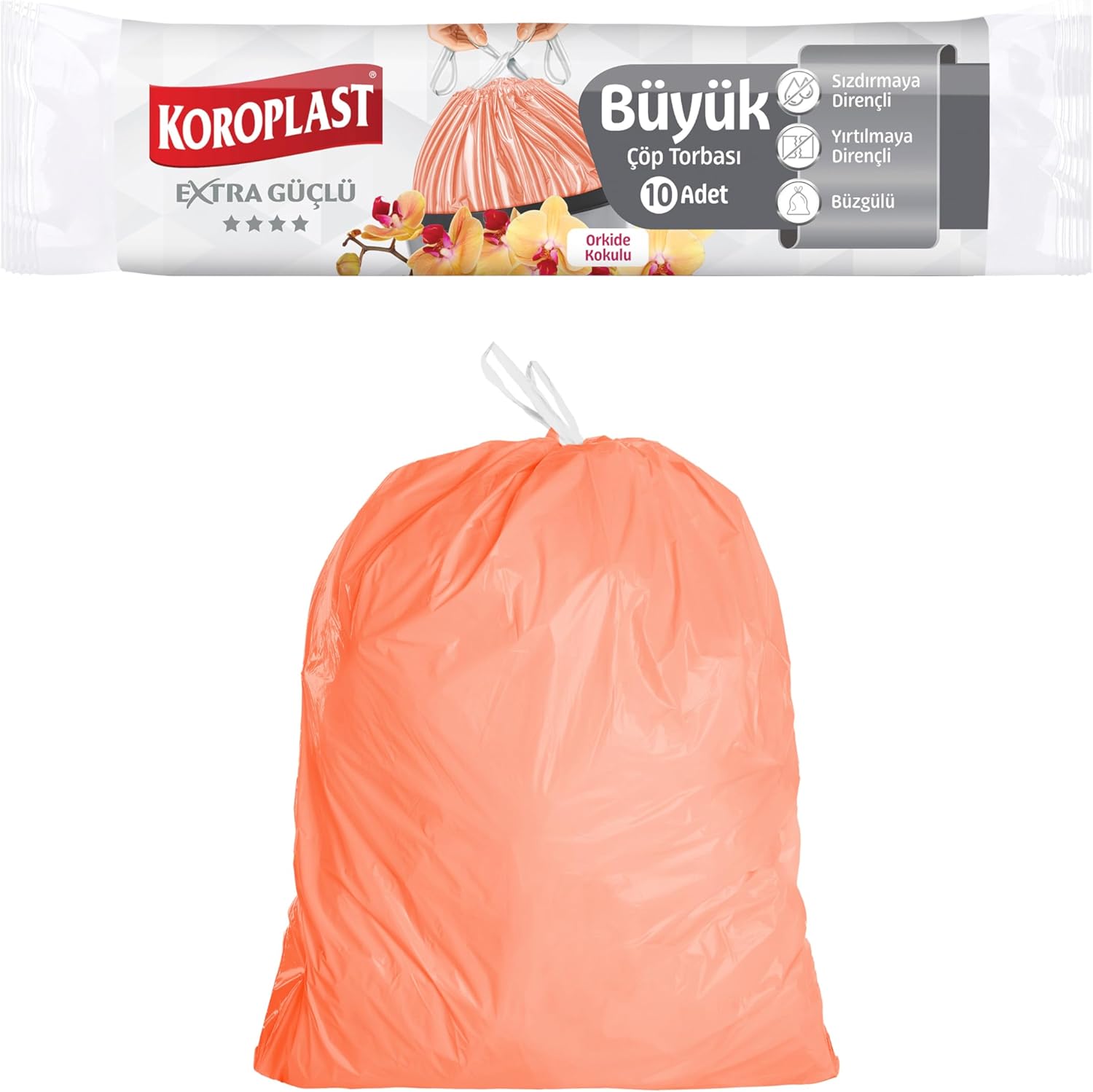 Ekstra Güçlü Orkide Kokulu Büyük Boy Büzgülü Çöp Torbası 10'lu 65x67 cm, Kolay Bağlanır Kokulu Büzgülü Büyük Boy Çöp Torbası, Sızdırmaz, Yırtılmaz, Geri Dönüştürülebilir Atık Torbası