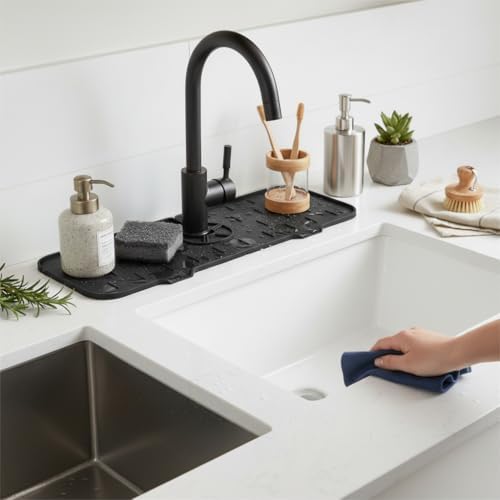 Alternative view of Silikon Musluk Matı ve Lavabo Sıçrama Önleyici – Mutfak ve Banyo İçin Su Tahliyeli Tezgah Koruyucu, Sünger ve Sabunluk Düzenleyici, Kaymaz Musluk Arkası Kurutma Pedi (ASORTİ)