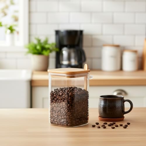 Bambu Kapaklı ve Kaşıklı Kare Cam Kavanoz – 1200ml Vakumlu Erzak ve Bakliyat Saklama Kabı, Hava Almayan Kahve, Tuz ve Şeker Organizeri (Kaşık Bölmeli)
