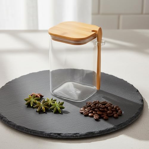 Alternative view of Bambu Kapaklı ve Kaşıklı Kare Cam Kavanoz – 1200ml Vakumlu Erzak ve Bakliyat Saklama Kabı, Hava Almayan Kahve, Tuz ve Şeker Organizeri (Kaşık Bölmeli)