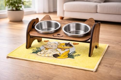 GOBYPET Ahşap Kedi Mama ve Su Kabı ile Kedi Köpek Paspası - Demonte Kedi Mama Su Kabı, Çift Hazneli Seramik Mama ve Su Kabı - Ayarlanabilir Mama Kabı (Gri Metal)