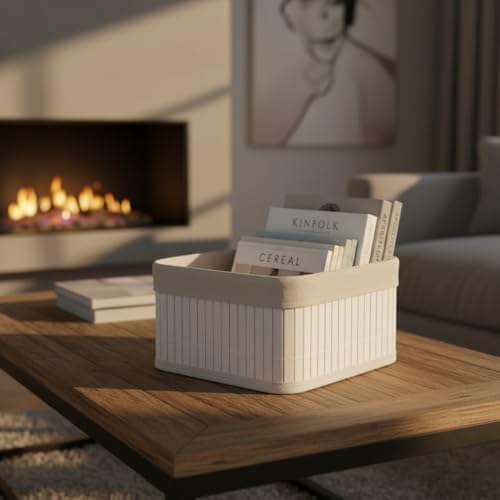 Mini Dikdörtgen Bambu Düzenleyici ve Saklama Sepeti – Beyaz Ahşap Banyo, Makyaj ve Ofis Organizeri, Kumaş Astarlı Çok Amaçlı Dekoratif Kutu (20x15x10 cm)