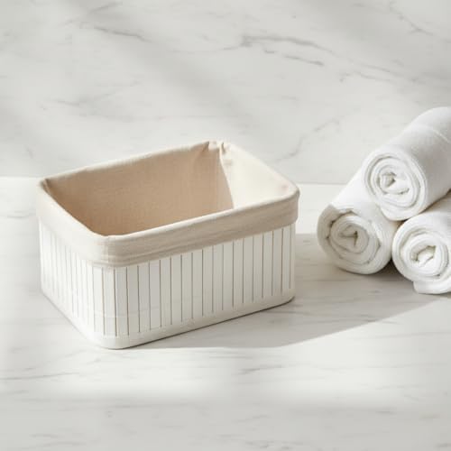 Alternative view of Mini Dikdörtgen Bambu Düzenleyici ve Saklama Sepeti – Beyaz Ahşap Banyo, Makyaj ve Ofis Organizeri, Kumaş Astarlı Çok Amaçlı Dekoratif Kutu (20x15x10 cm)