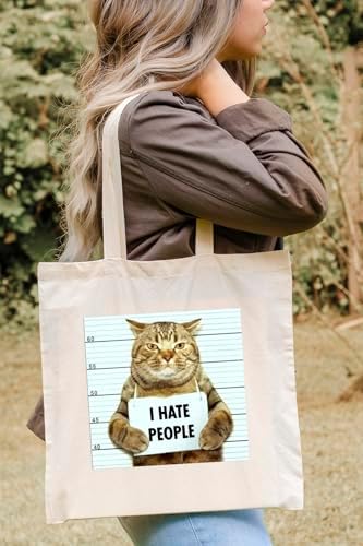 I Hate People Bez Çanta Kedi Baskılı Komik Yazılı Ham Bez Çanta