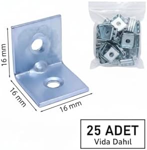 25 Adet, L Tipi Metal Köşebent, 16x16x16mm, Vida Dahil, Mobilya Dolap Raf Montaj Bağlantı Aparatı, 2mm Kalınlık, Gümüş Renk