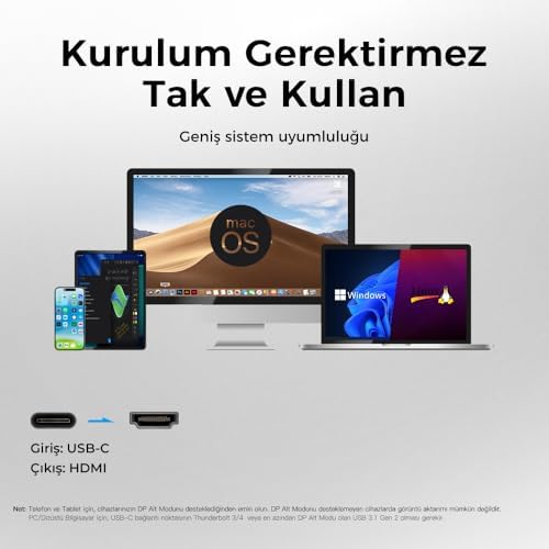Alternative view of USB C HDMI Kablo (4K@60Hz,2K@120Hz,1080P@165Hz) HDR HDCP Type C to HDMI 2.0 [Thunderbolt 5/4/3, DeX Mode Uyumlu], 15/16/17 Pro, MacBook iPad Pro/Air, S25 ile Uyumlu (2 Metre)