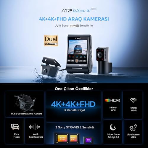 Alternative view of A229 Ultra-W 3 Kameralı Ön+Arka Su Geçirmez+İç 4K+4K+1080P HDR STARVIS 2 Sensörlü GPS'li Araç Kamerası