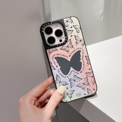 13 Pro İle Uyumlu Aynalı Telefon Kılıfı – Şok Darbe Koruması, Çizilmez Ayna Kapak, Kamera Koruyucu Kapak, Kadın ve Erkek için Şık Koruyucu Kılı (Kebelek)