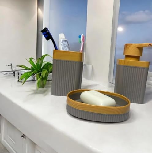 WESPA Modern Banyo Seti, 3'lü, Gri ve Bambu Görünümlü, Sıvı Sabunluk, Diş Fırçalığı ve Sabunluk İçeren Dekoratif Banyo Aksesuarı