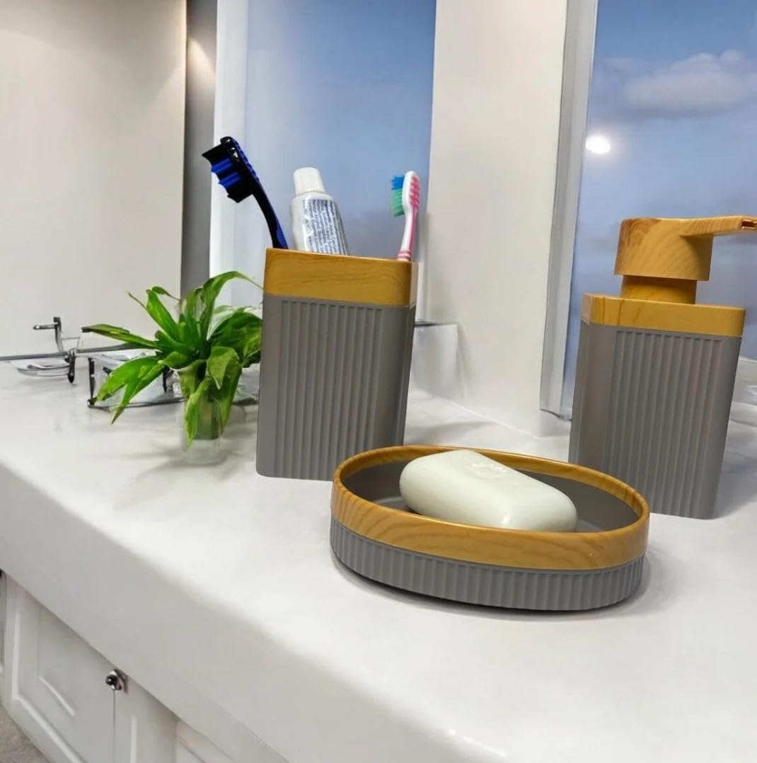 Alternative view of WESPA Modern Banyo Seti, 3'lü, Gri ve Bambu Görünümlü, Sıvı Sabunluk, Diş Fırçalığı ve Sabunluk İçeren Dekoratif Banyo Aksesuarı