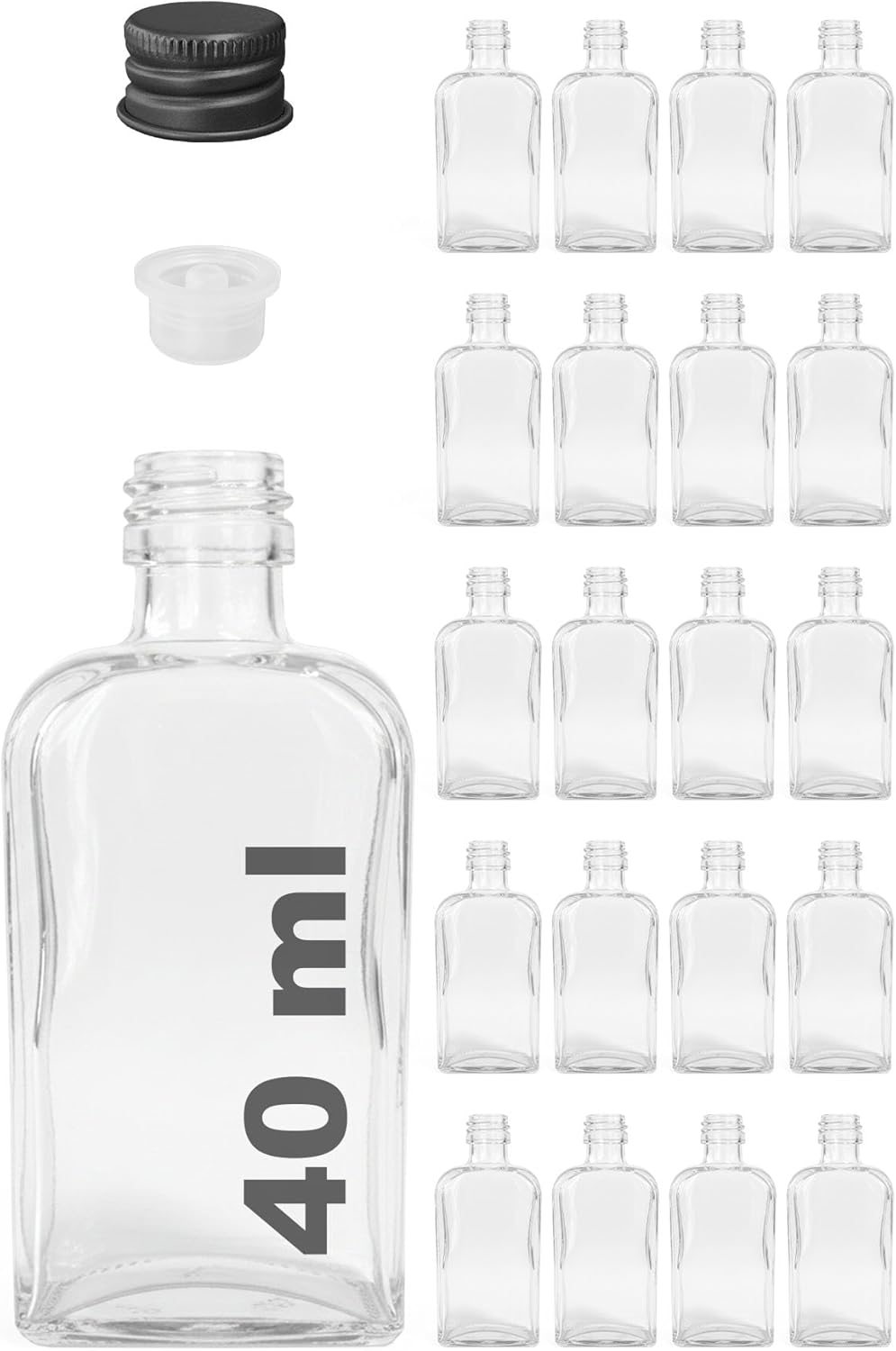 40 ml Kolonya Tıpalı ve Metal Kapaklı Hediyelik Yassı Kolonya Şişesi 40 Cc Nişan, Düğün Cam Şişe 20 Adet (40 ml Yassı, Siyah Kapak )