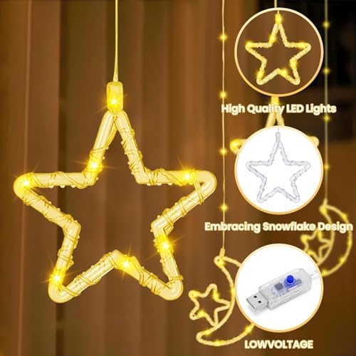 Su Geçirmez 3 Metre Led Işıklı Ay ve Yıldız Işık Zinciri Dekoratif Fişli Aydınlatma Ev Dekorasyonu Salon Oda Merdiven Balkon Süslemeleri için Yılbaşı Eğlence Doğum Günlerine Özel Aydınlatma