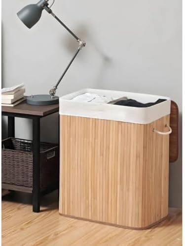 Çamaşır Sepeti Doğal Bambu Katlanabilir Kirlilik, Yıkanabilir Çıkarılabilir Astar Torbalı, Sele Görünümlü Şık ve Dayanıklı Çamaşır Sepeti, Kapaklı ve Ergonomik Tasarım (2 Bölmeli)