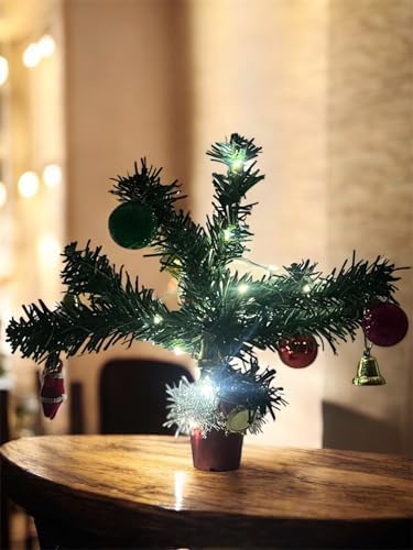 Mini Yılbaşı Ağacı, LED Işıklı, Kırmızı Saksılı, Yeşil ve Kırmızı, 25 cm, Plastik Yapay Çam, Baba Süslemeli, Masa Üstü Dekoratif