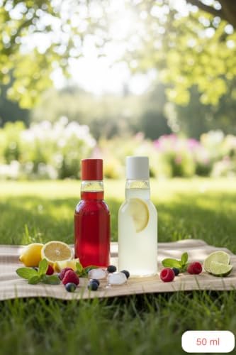 6 Adet 40 ml Kapaklı Plastik Şişe Seti | Tekrar Kullanılabilir, Seyahat Boyu Mini İçecek, Numune ve Sos Şişeleri (Beyaz & Kırmızı Kapaklı)