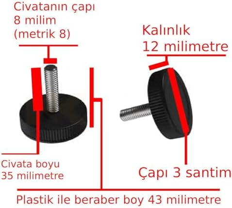Plastik Başlı Çivata Ayak Mobilya Ünite Kitaplık Dolap Ayarlanabilir Ayak Mobilya Ayağı Sıkma Düğmesi Metrik 8 Çap Civata 8 Milim Boy 43 milimetre