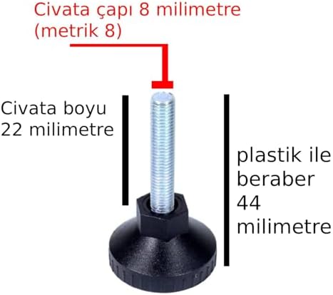 Plastik Başlı Çivata Ayak Mobilya Ünite Kitaplık Dolap Ayarlanabilir Ayak Mobilya Ayağı Sıkma Düğmesi Metrik 8 Civata Çap 8 Milim Boy 44 Milimetre