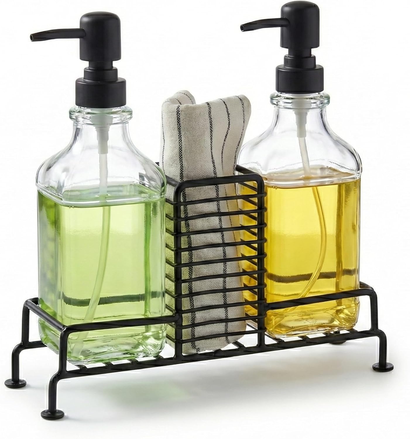 AmberHaus 2'li Standlı Kare Cam Sabunluk Seti | 2 x 500 ml | Ferforje Metal Standlı (Siyah) | Sünger/Fırça Bölmeli Mutfak ve Banyo Düzenleyici