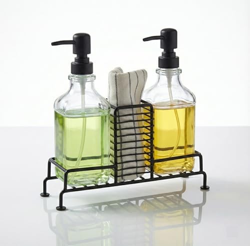 Alternative view of AmberHaus 2'li Standlı Kare Cam Sabunluk Seti | 2 x 500 ml | Ferforje Metal Standlı (Siyah) | Sünger/Fırça Bölmeli Mutfak ve Banyo Düzenleyici